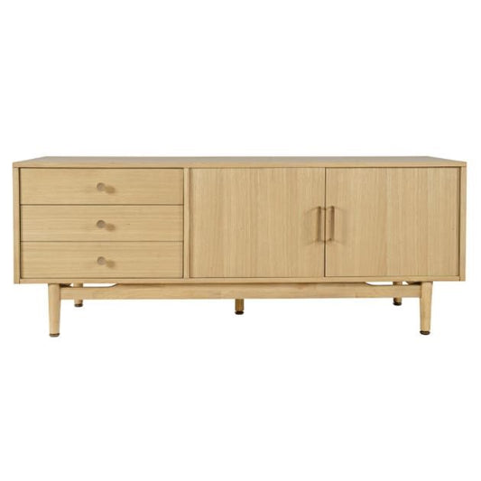 Light wood sideboard with three drawers and two doors.