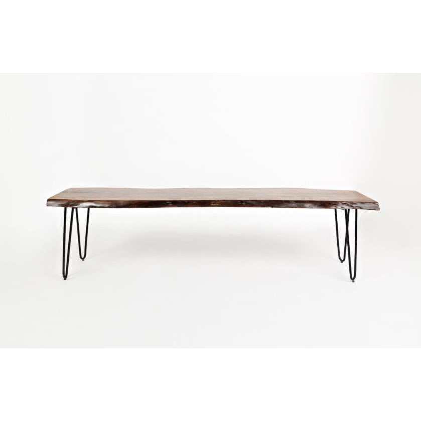 Wooden table with metal hairpin legs against a white background.