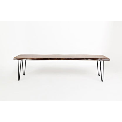 Wooden table with metal hairpin legs against a white background.