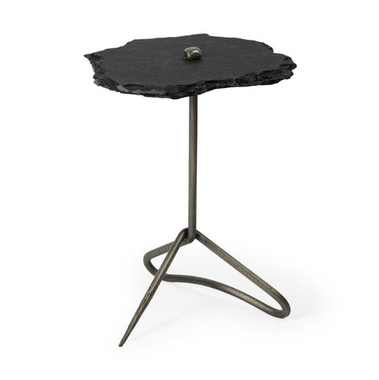 A black stone-topped table with a metal tripod base.