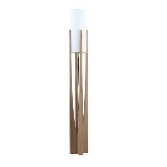 Modern floor lamp with wooden frame and white cylindrical shade.