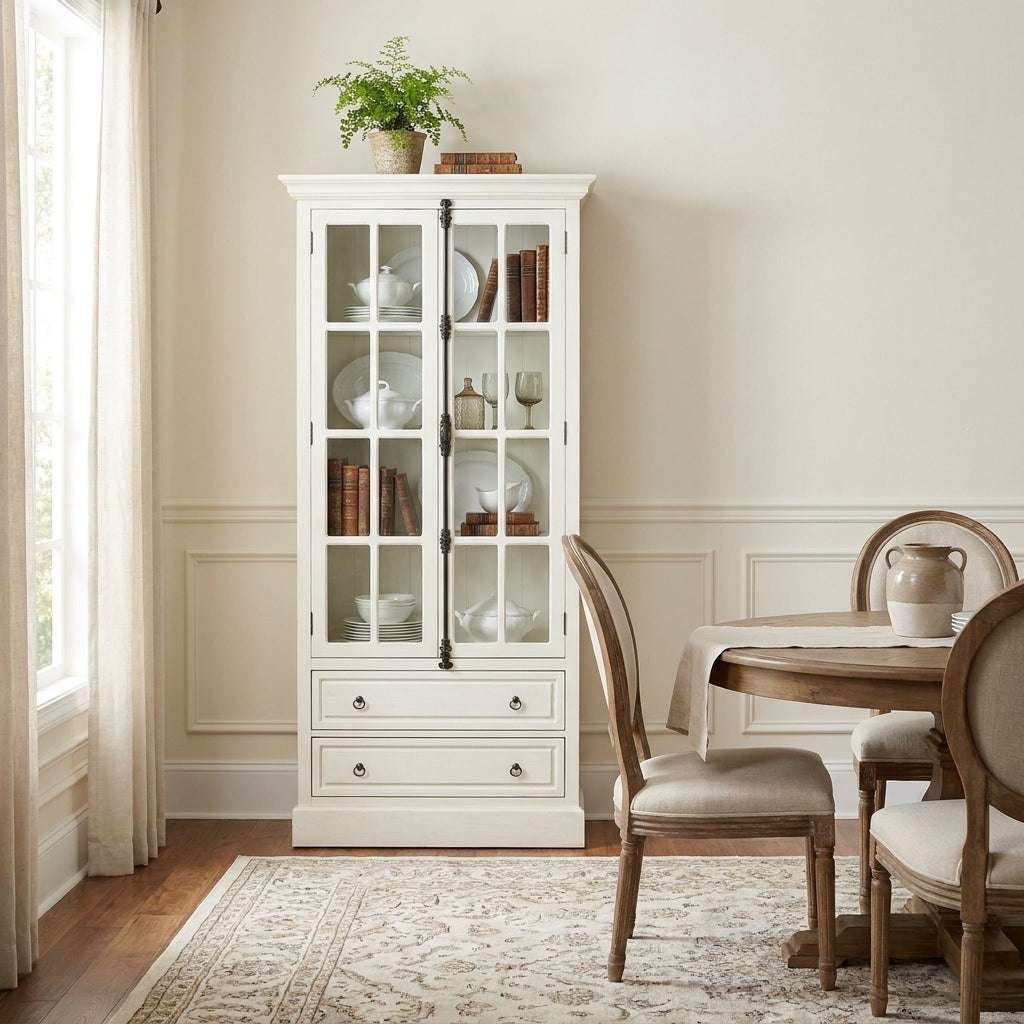 White cabinet with glass-paneled doors and two drawers at the bottom.