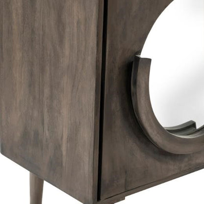 Wooden furniture with curved design and partial mirror reflection.