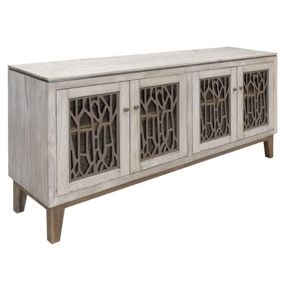 Gray sideboard with geometric lattice doors.
