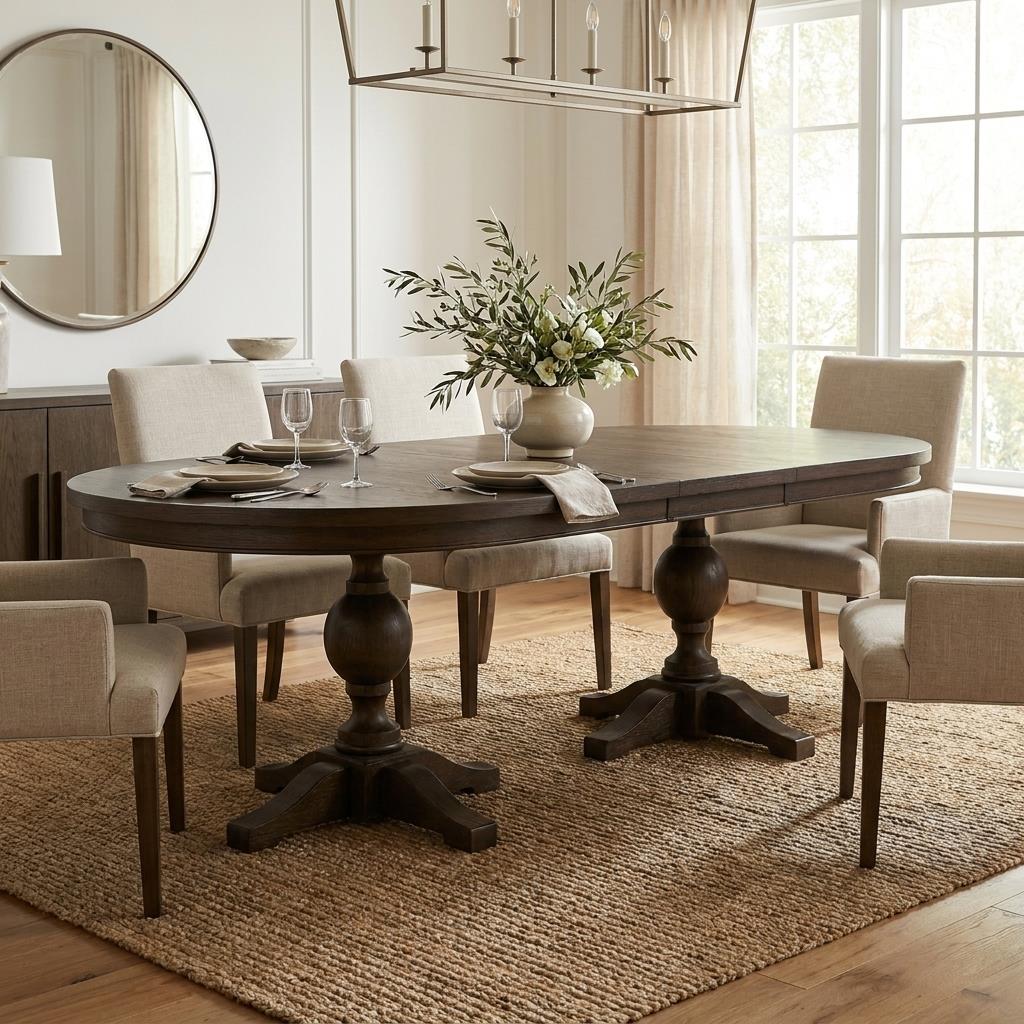 Elegant dining room with oval table, beige chairs, and floral centerpiece.