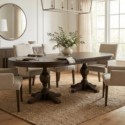 Elegant dining room with oval table, beige chairs, and floral centerpiece.