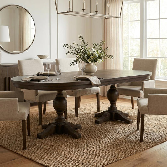 Elegant dining room with oval table, beige chairs, and floral centerpiece.