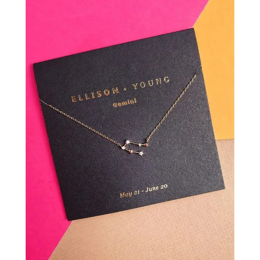 Gemini constellation necklace on a colorful background.