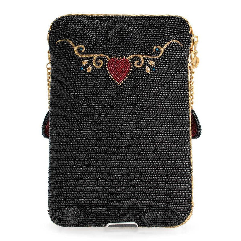 Black beaded clutch with red heart and floral design.