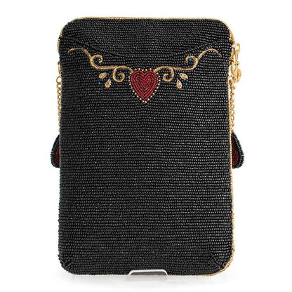 Black beaded clutch with red heart and floral design.