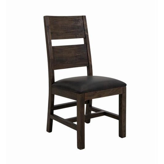 Dark wooden chair with black padded seat.