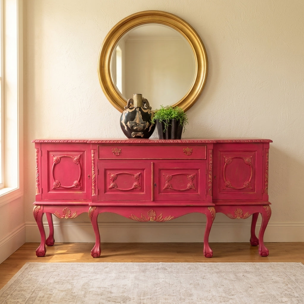 Vintage pink sideboard with gold mirror and decor.