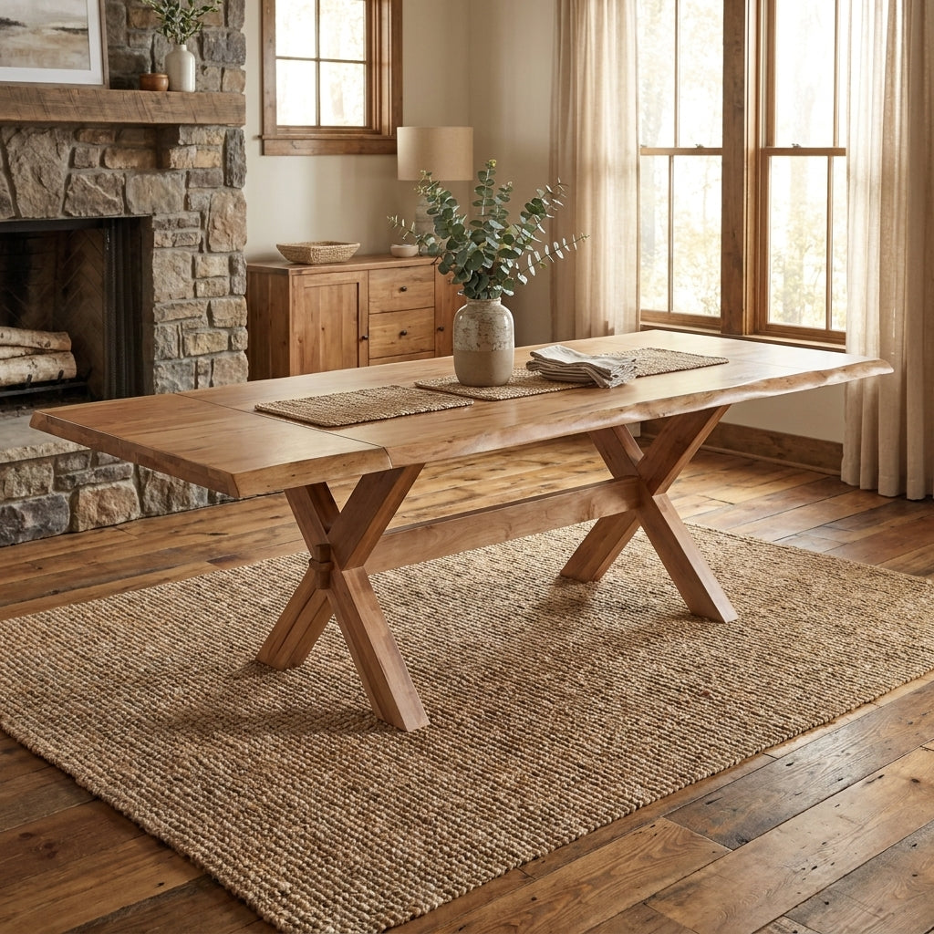Wooden dining table with trestle base and live edge design.