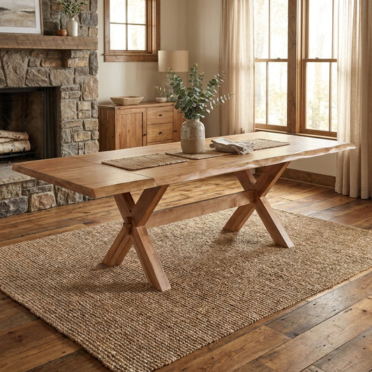 Wooden dining table with trestle base and live edge design.