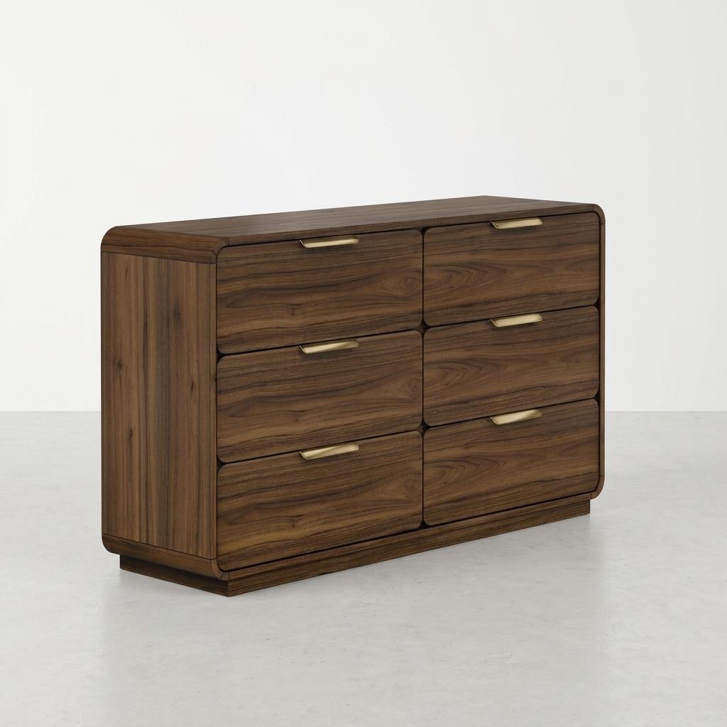 Wooden dresser with six drawers and metal handles.