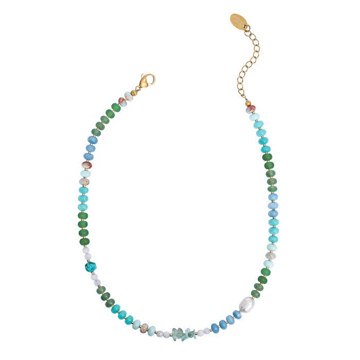 Colorful beaded necklace with gold clasp and chain.