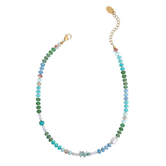 Colorful beaded necklace with gold clasp and chain.
