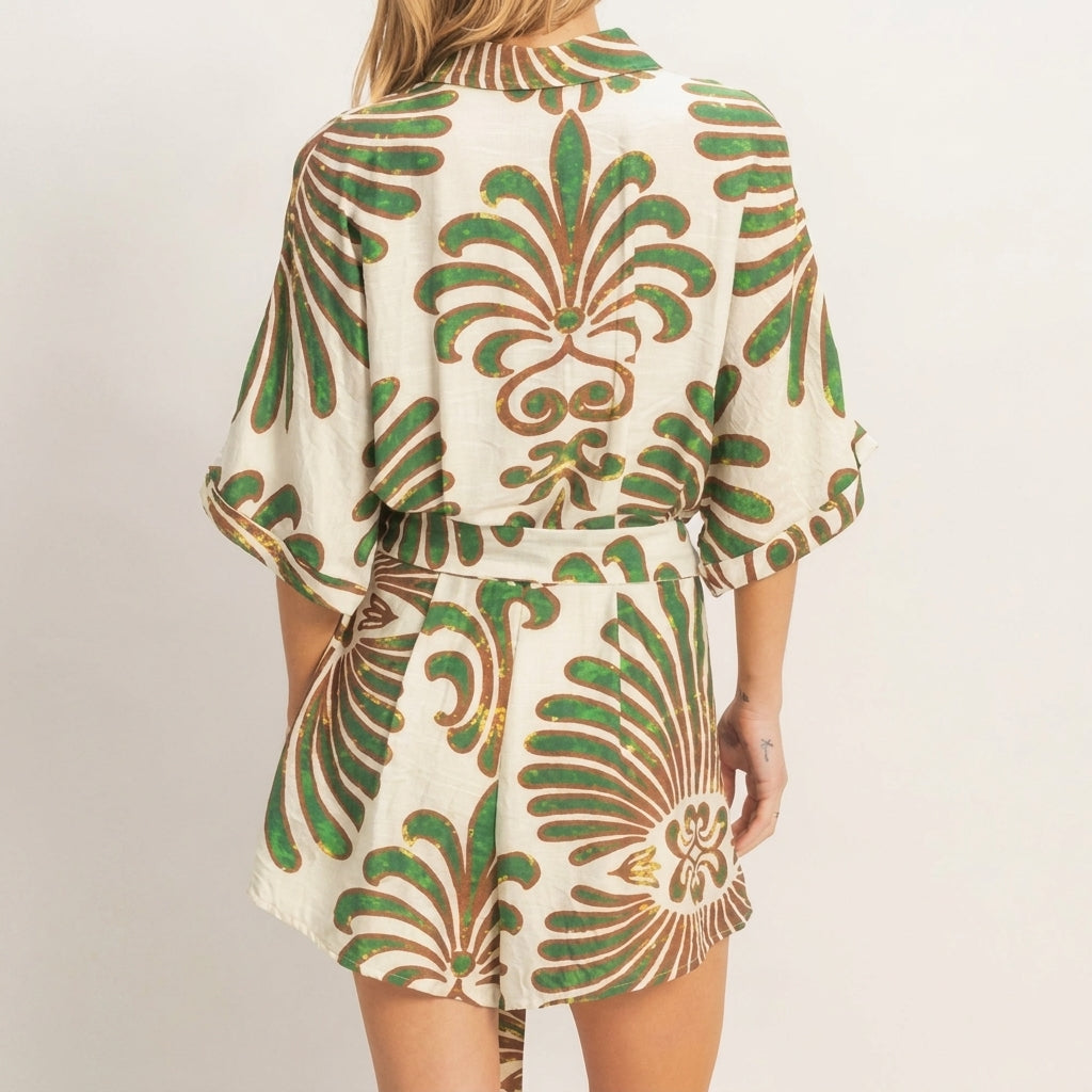 Woman wearing a green and brown patterned shirt.