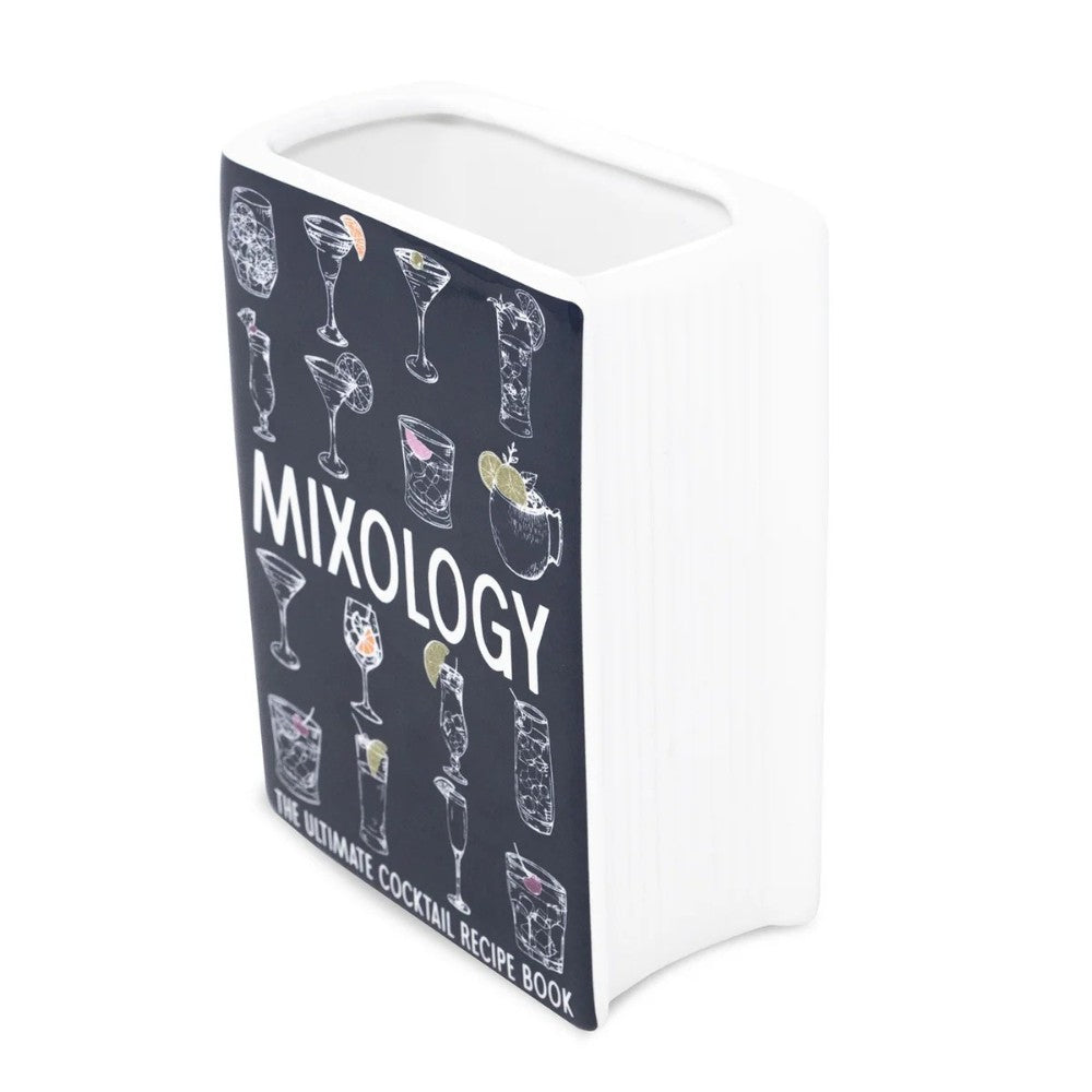 White vase shaped like a "Mixology" cocktail recipe book.