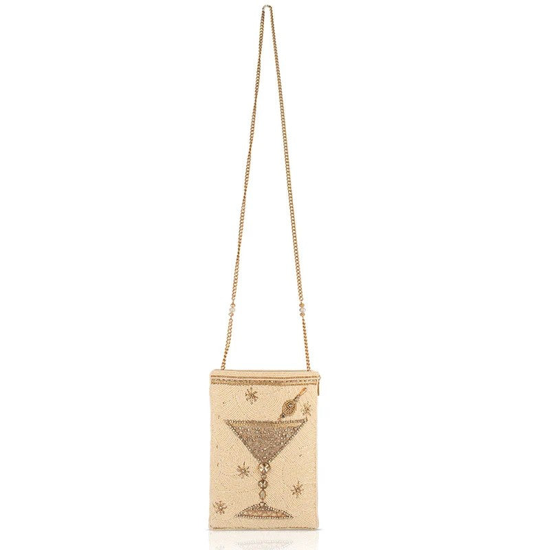 Gold clutch with martini glass design and chain strap.