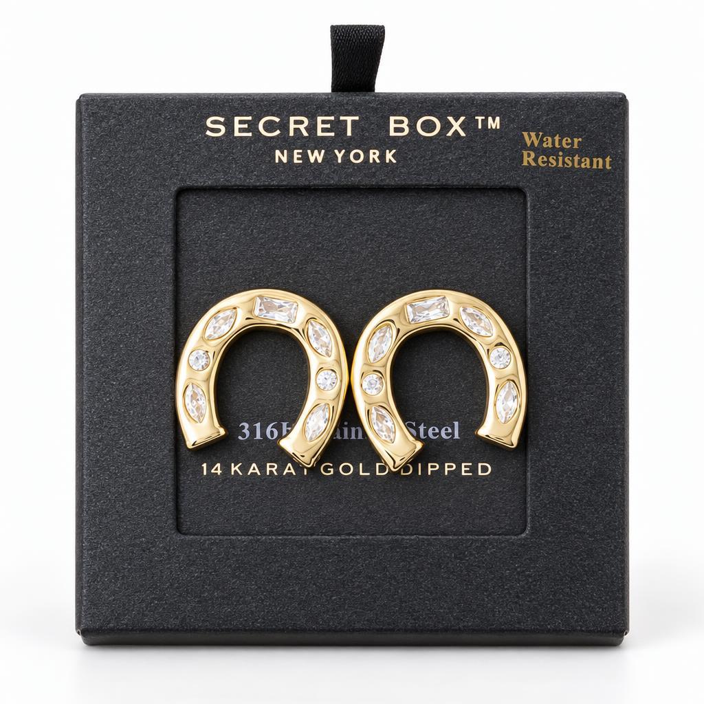 Horseshoe-shaped gold earrings with crystals in a black box.