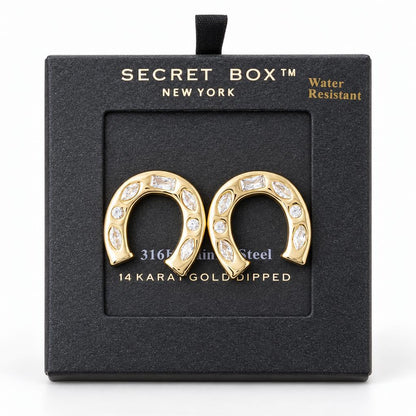 Horseshoe-shaped gold earrings with crystals in a black box.