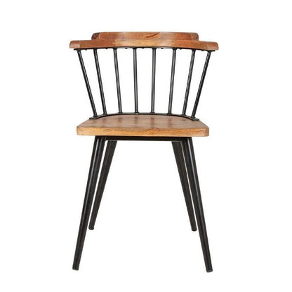 Wooden chair with metal legs and spindles, simple and modern design.