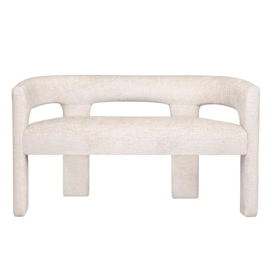 Modern cream upholstered bench with arched backrest and sturdy legs.