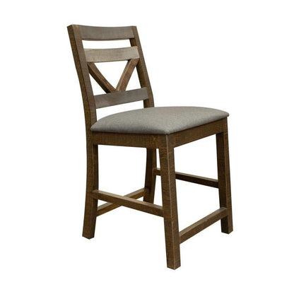 Wooden chair with a gray cushioned seat and a crisscross backrest design.