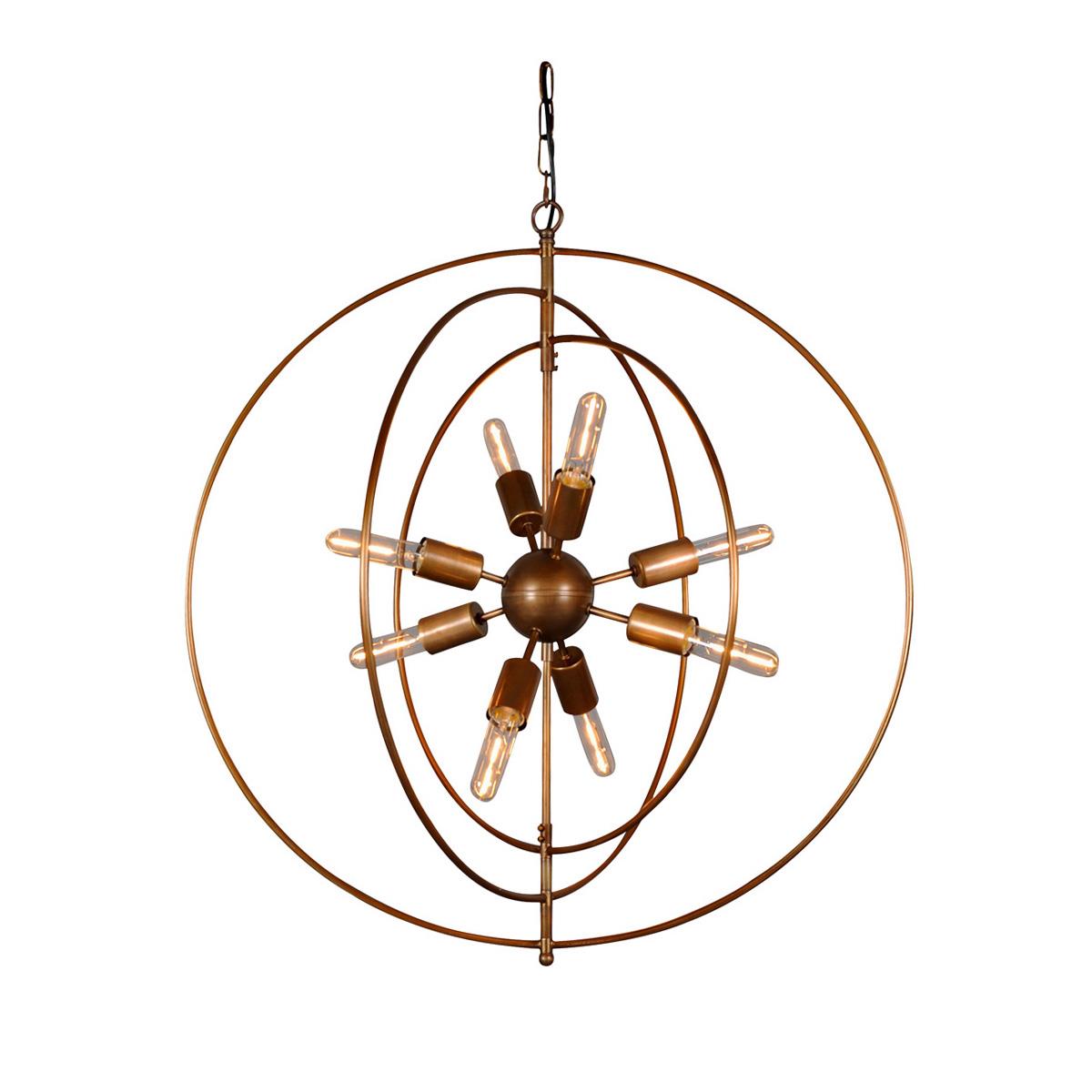 Modern spherical chandelier with exposed bulbs and metal rings.