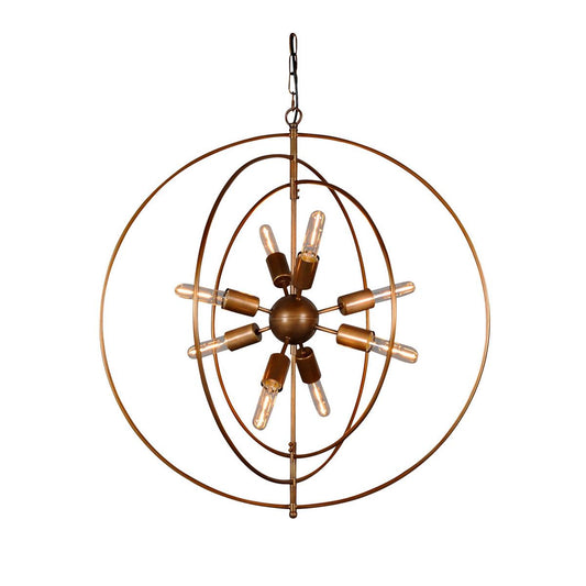 Modern spherical chandelier with exposed bulbs and metal rings.
