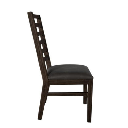 Dark wooden chair with ladder-back and cushioned seat, viewed from the back.