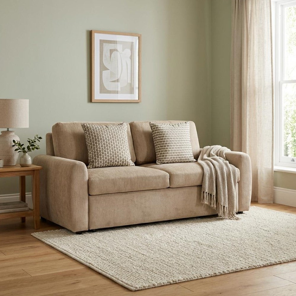 Beige sofa bed with extended mattress, side view.
