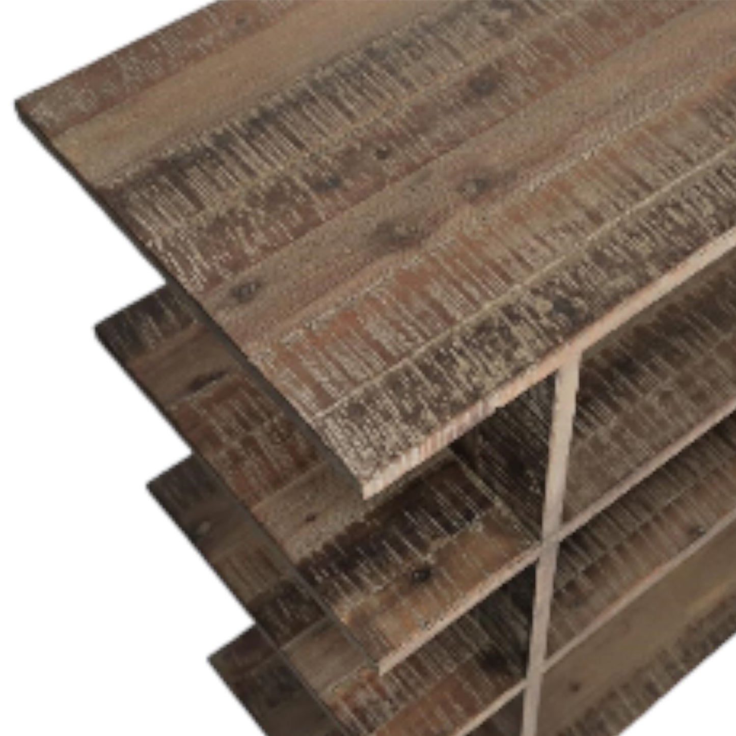 Rustic wooden shelving unit with a weathered texture.
