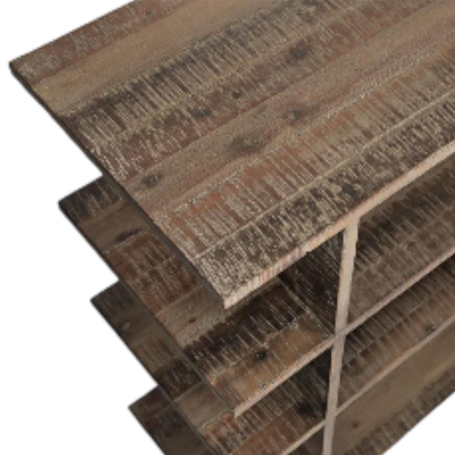 Rustic wooden shelving unit with a weathered texture.