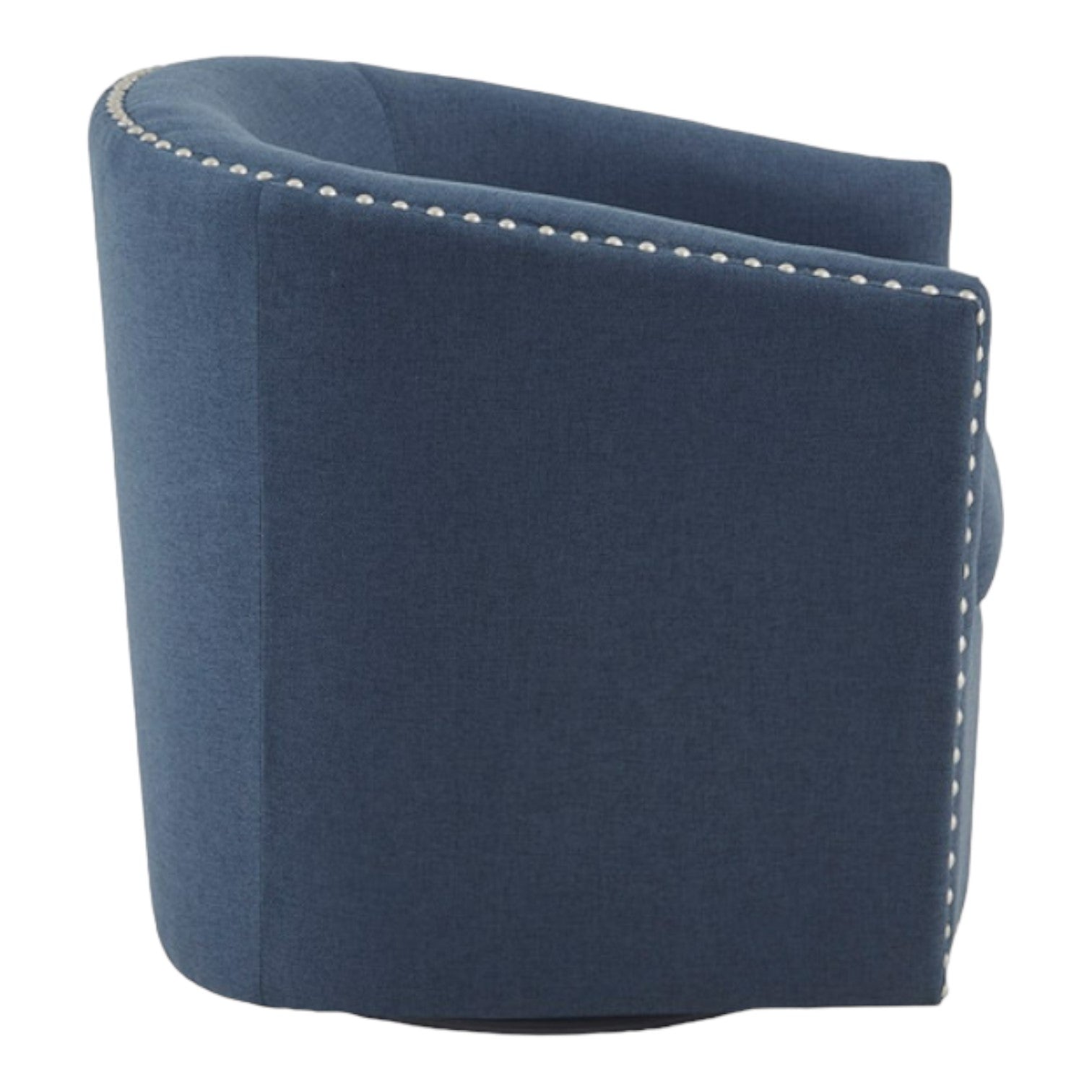 Blue swivel chair with silver stud accents.
