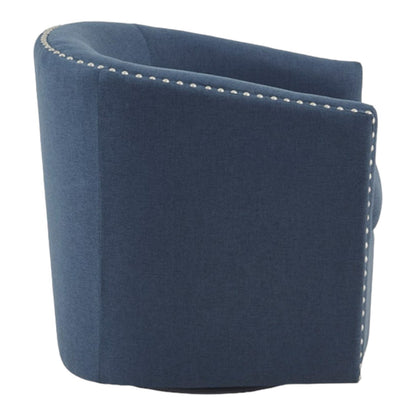 Blue swivel chair with silver stud accents.