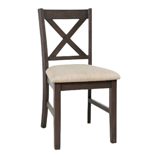 Wooden chair with an X-back and a beige cushioned seat.