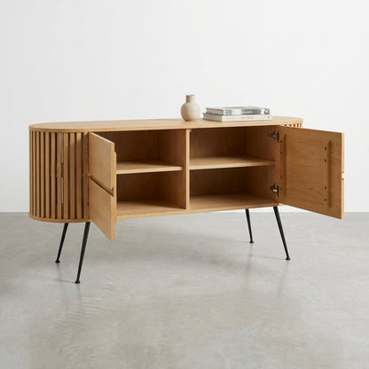 Wooden sideboard with open doors and shelves, on black metal legs.