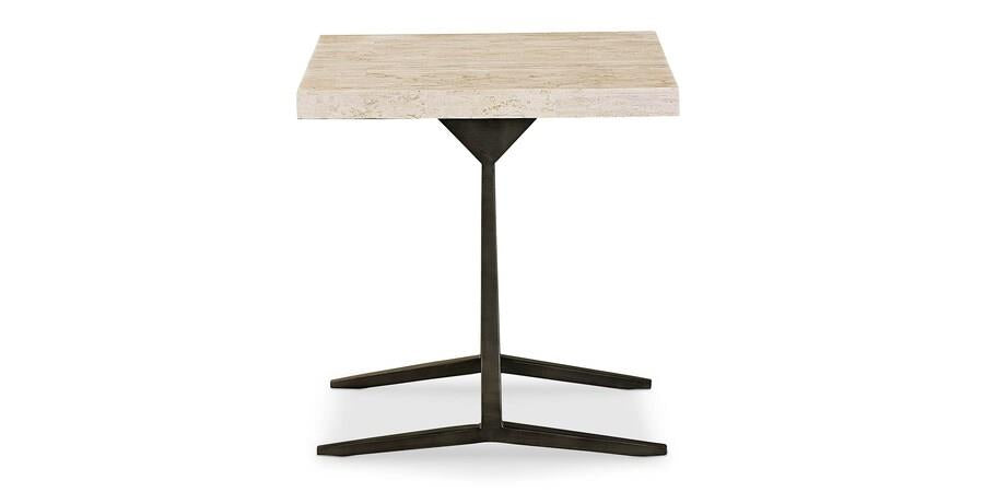 Square table with a light-colored top and a dark metal tripod base.