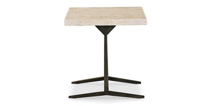 Square table with a light-colored top and a dark metal tripod base.