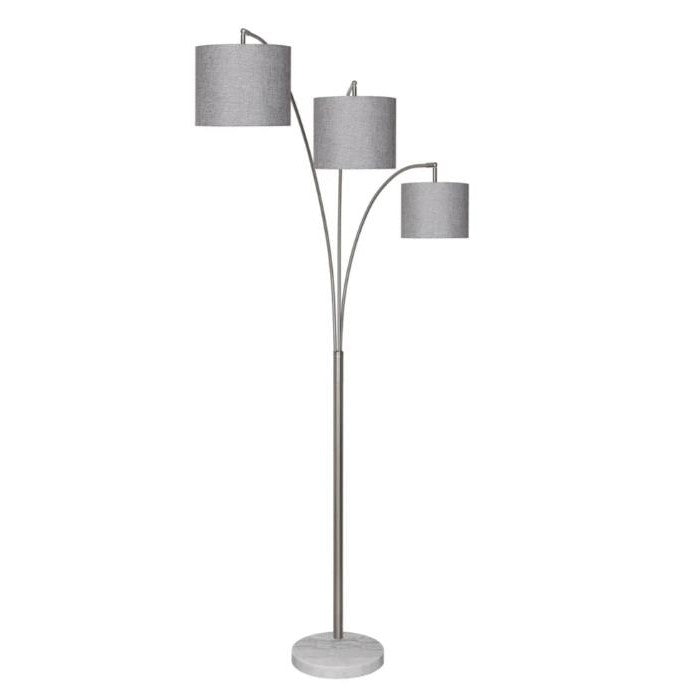 Modern floor lamp with three gray fabric shades on a metal stand.
