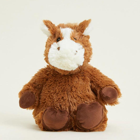 Fluffy brown and white plush horse toy.