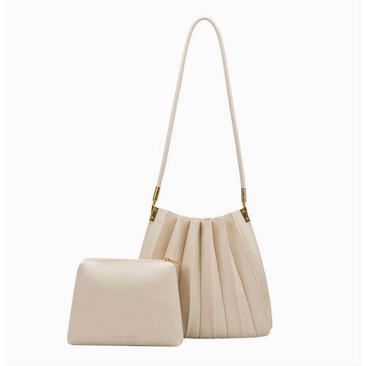 Beige pleated handbag with a small matching pouch.