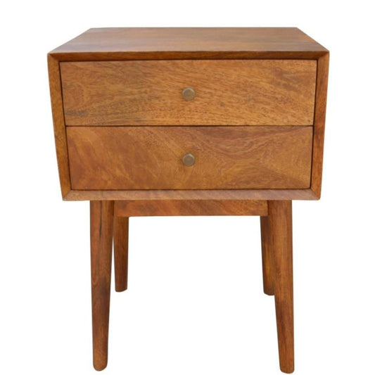 Wooden nightstand with two drawers and tapered legs.