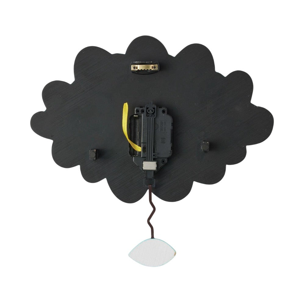 Abstract cloud-shaped object with mechanical parts and a hanging white leaf.