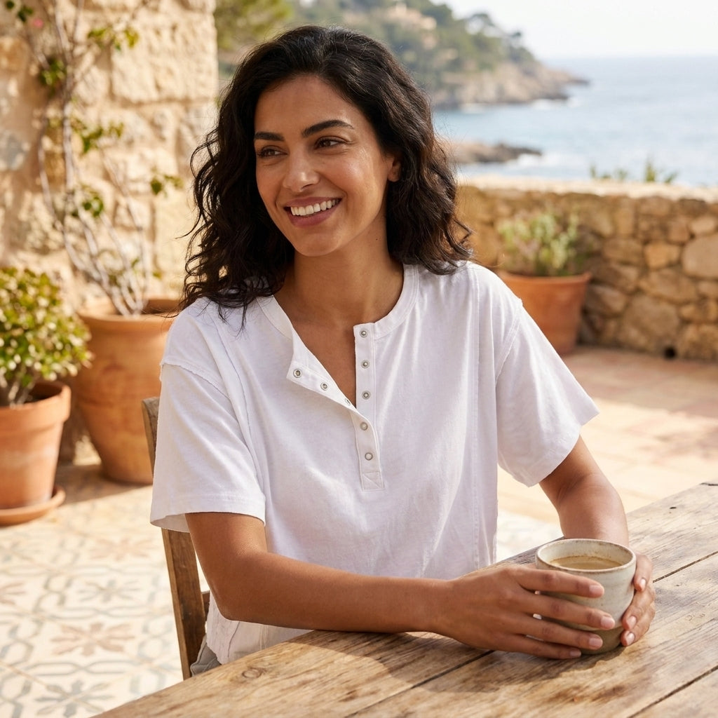 Woman smiling with coffee on a sunny terrace by the sea.