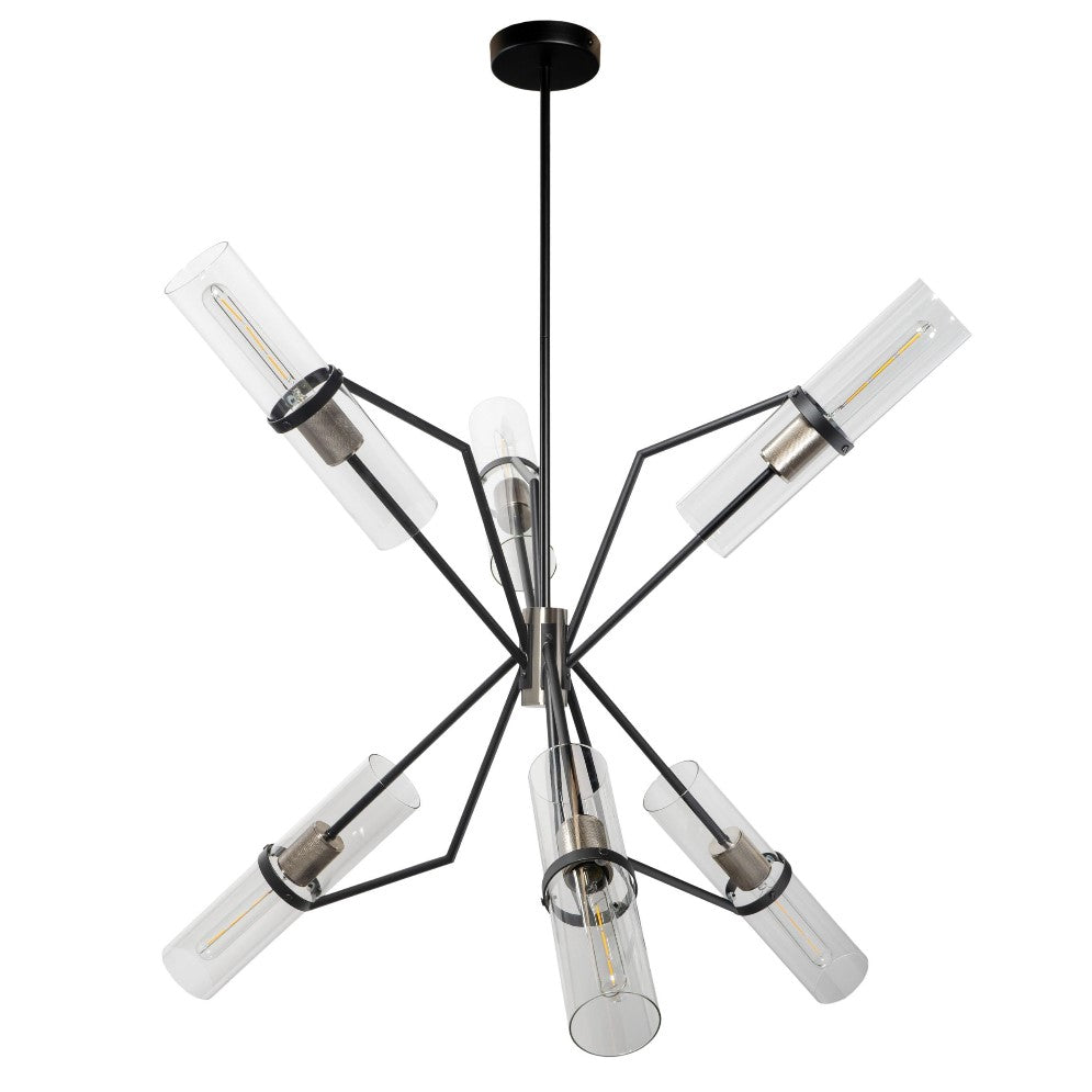 Modern black chandelier with six glass cylinder lights.