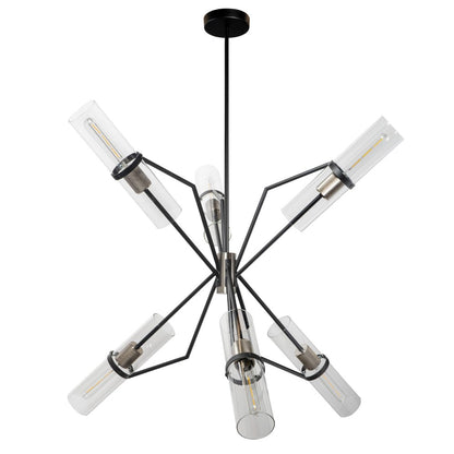 Modern black chandelier with six glass cylinder lights.