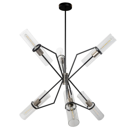 Modern black chandelier with six glass cylinder lights.